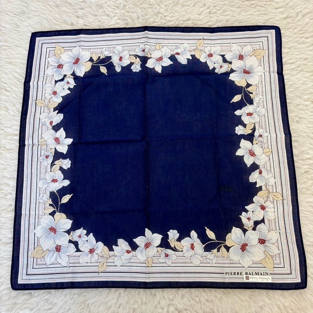 Pierre Balmain Navy/White/Cream Floral Handkerchief/Bandana Scarf size 17” - Picture 7 of 10
